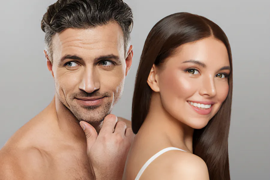 A handsome man and beautiful brunette woman stand against a gray background showing their smooth beautiful skin resulting from aesthetic and cosmetic care from Regenerative Medical Institute in Greenville.